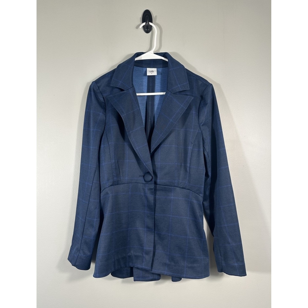 CABI Blazer Womens 4 Blue Windowpane Sunset Kiss Check Plaid One Button Jacket